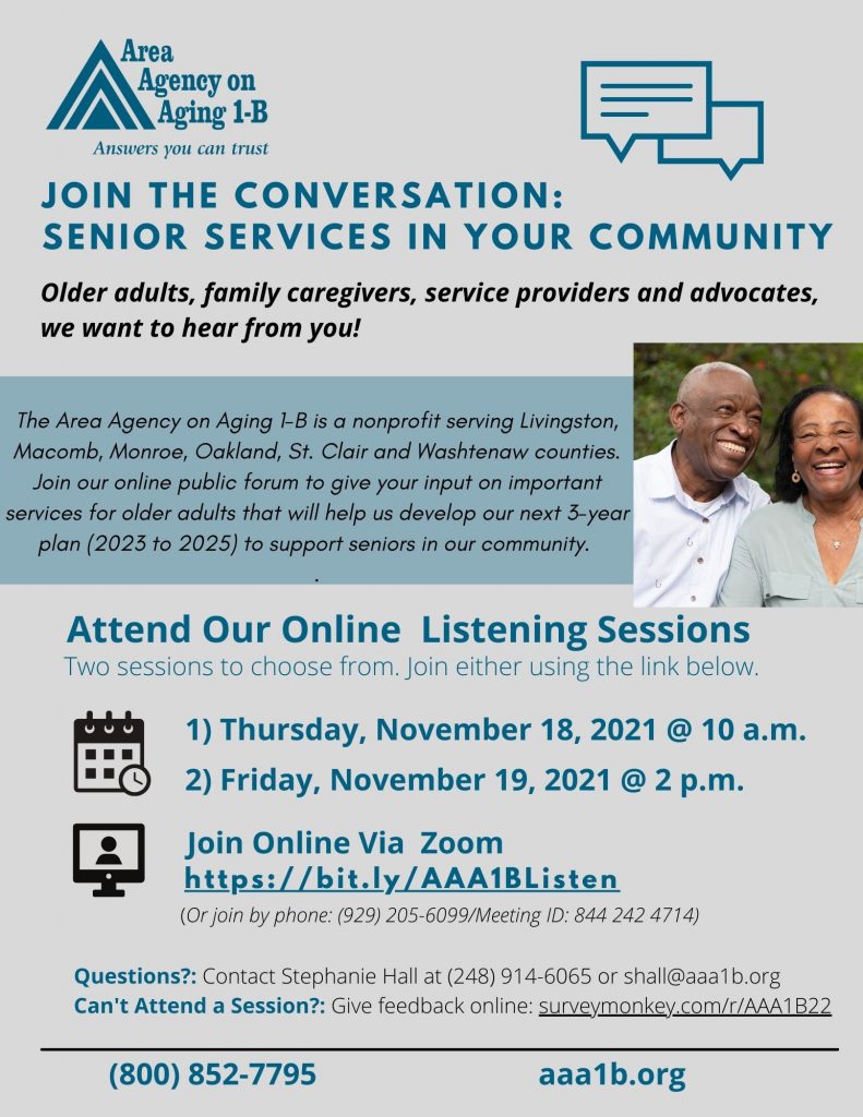 Flyer for Area Agency on Aging 1-B Community Listening Session